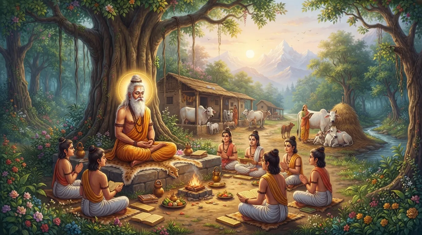 एक शांत और पवित्र आश्रम का दृश्य, जहाँ एक वयोवृद्ध ऋषि ध्यान में बैठे हैं और उनके आसपास कुछ शिष्य ज्ञान अर्जित कर रहे हैं। पृष्ठभूमि में एक गौशाला है, जो गोत्र की अवधारणा के मूल को दर्शाती है।