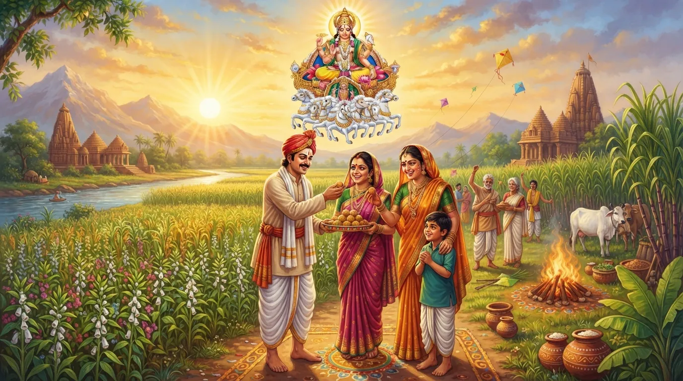 भारत के एक ग्रामीण खेत में किसान परिवार मकर संक्रांति मना रहा है। उगते हुए सूरज की सुनहरी रोशनी खेतों पर पड़ रही है, जिसमें तिल और गन्ने की फसल लहलहा रही है। लोग खुशी-खुशी एक दूसरे को तिल-गुड़ के लड्डू दे रहे हैं।