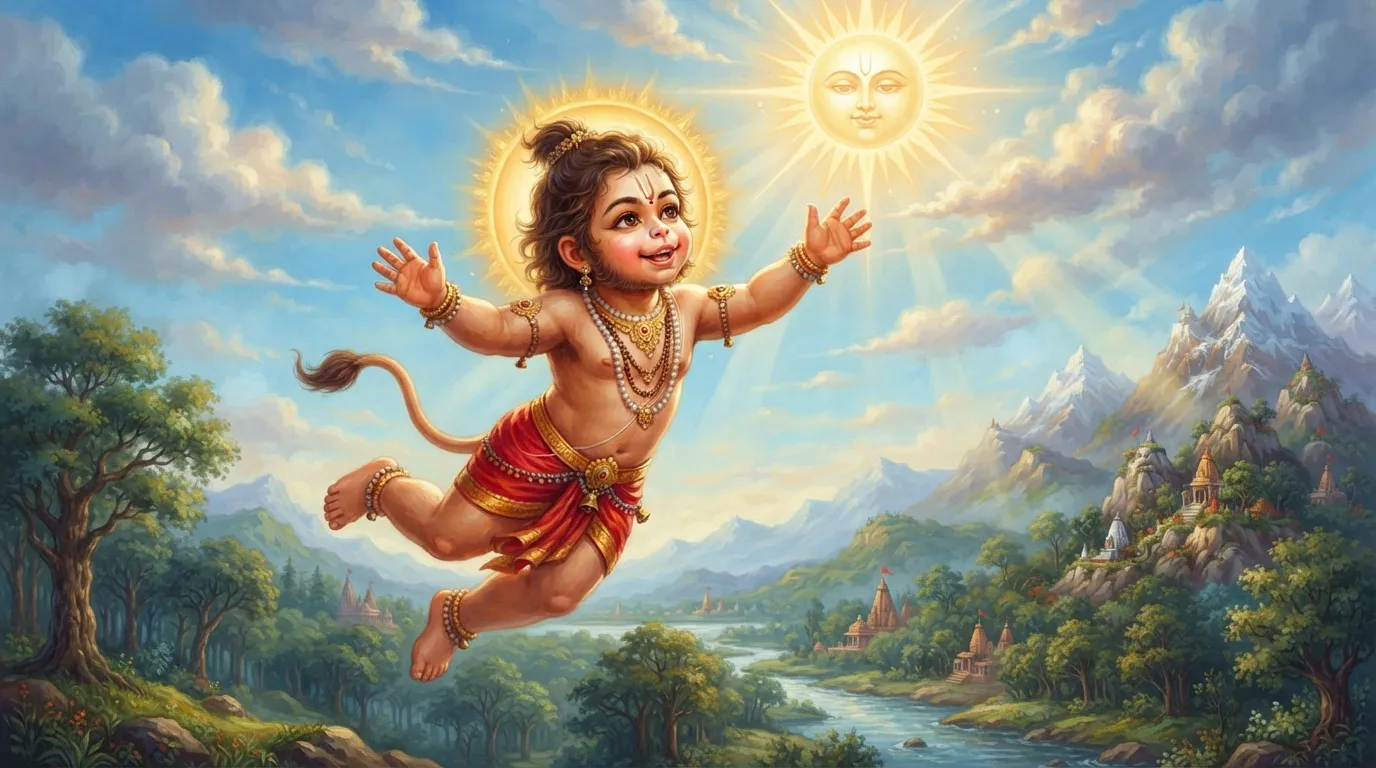 बाल हनुमान सूर्य को एक पका हुआ फल समझकर उसे पकड़ने के लिए आकाश में उड़ रहे हैं, उनके चेहरे पर एक भोली मुस्कान है और आँखों में जिज्ञासा है।