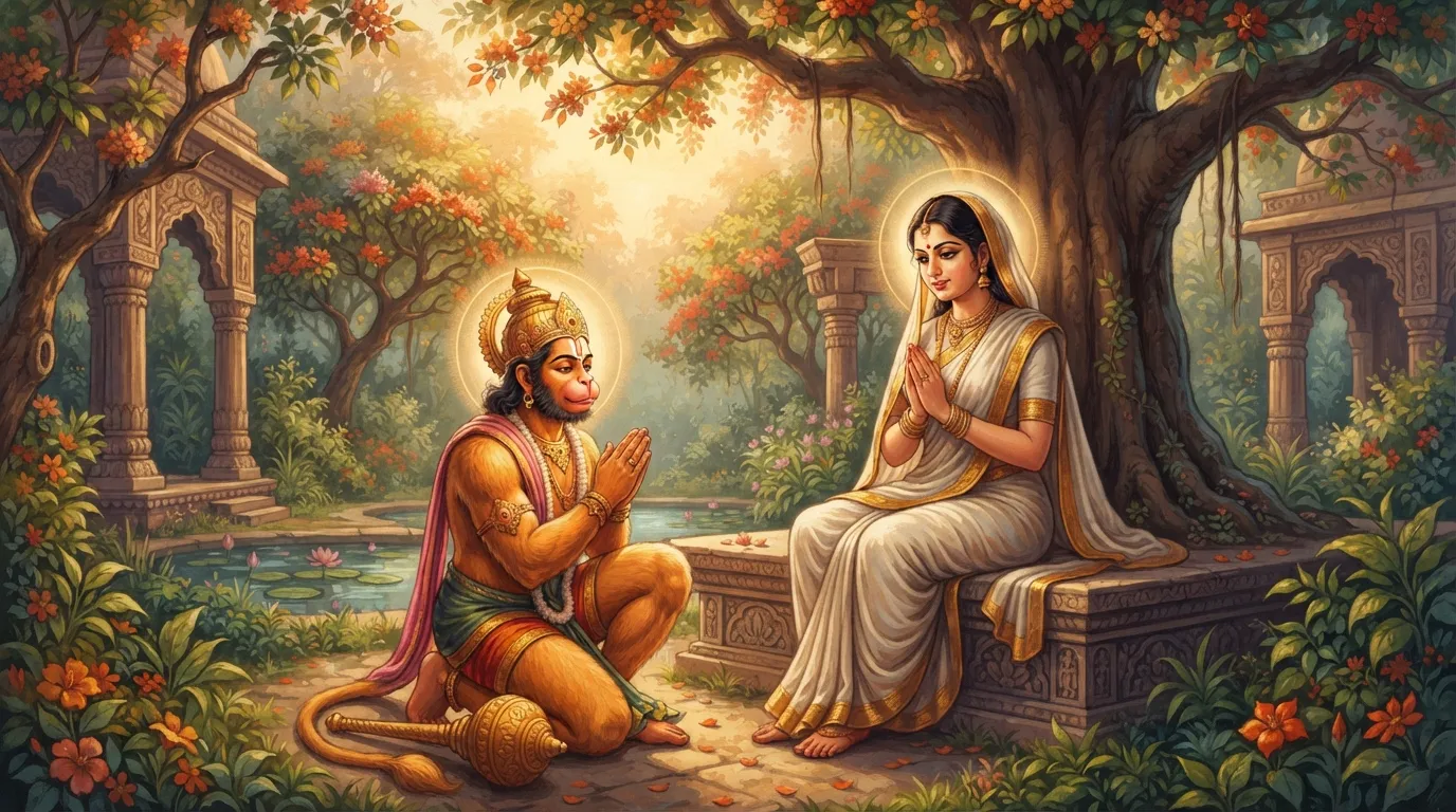 अशोक वाटिका में हनुमानजी माता सीता के सामने हाथ जोड़कर विनम्रता से बैठे हैं, उनके चेहरे पर भक्ति और सम्मान का भाव है। वृक्षों से घिरी शांत और पवित्र वाटिका का दृश्य।
