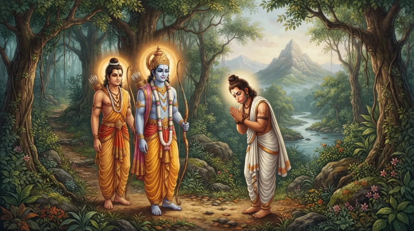 हनुमान एक युवा ब्राह्मण के वेश में, हाथ जोड़े हुए, विनम्रता से श्रीराम और लक्ष्मण के सामने खड़े हैं। श्रीराम के चेहरे पर एक शांत और प्रशंसनीय मुस्कान है। पृष्ठभूमि में ऋष्यमूक पर्वत का जंगल है।