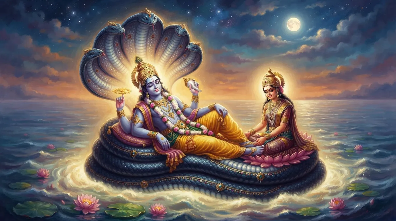 क्षीरसागर में शेषनाग पर योगनिद्रा में लेटे हुए भगवान विष्णु। देवी लक्ष्मी उनके चरण दबा रही हैं। शांत और दिव्य वातावरण।