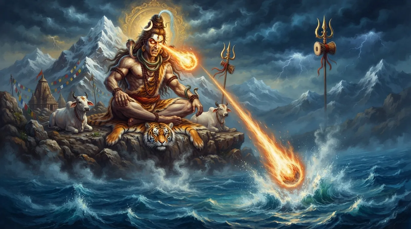 भगवान शिव कैलाश पर क्रोधित मुद्रा में हैं, उनका तीसरा नेत्र खुला हुआ है और उससे एक आग का गोला निकलकर सीधे नीचे नीले विशाल समुद्र में समा रहा है।