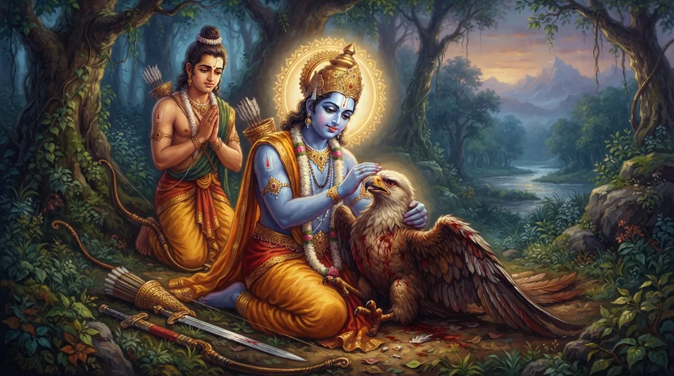 भगवान श्री राम जंगल में घायल जटायु को अपनी गोद में थामे हुए हैं, पास में लक्ष्मण हाथ जोड़े खड़े हैं