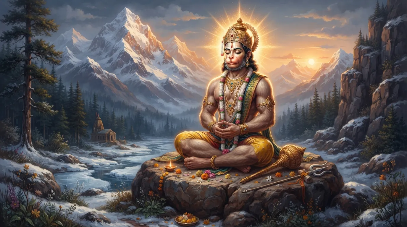 बर्फ से ढके हिमालय के बीच एक शांत, रहस्यमयी घाटी। एक बड़ी शिला पर एक दिव्य वानर ध्यान में लीन है, चारों ओर अलौकिक प्रकाश है।
