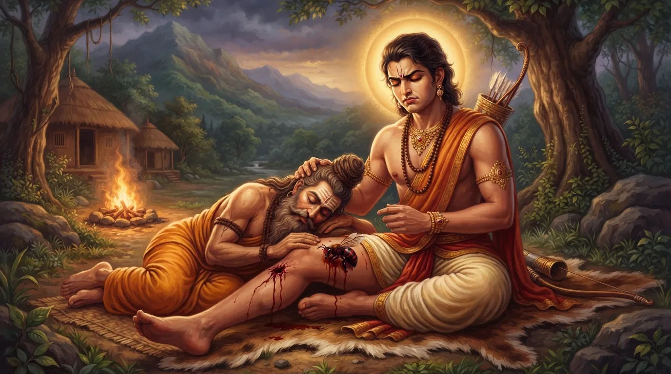 कर्ण अपनी जांघ पर गुरु परशुराम का सिर रखकर बैठे हैं। एक कीड़ा उनकी जांघ को काट रहा है और खून बह रहा है, पर कर्ण के चेहरे पर पीड़ा के साथ गुरु के प्रति सम्मान का भाव है।