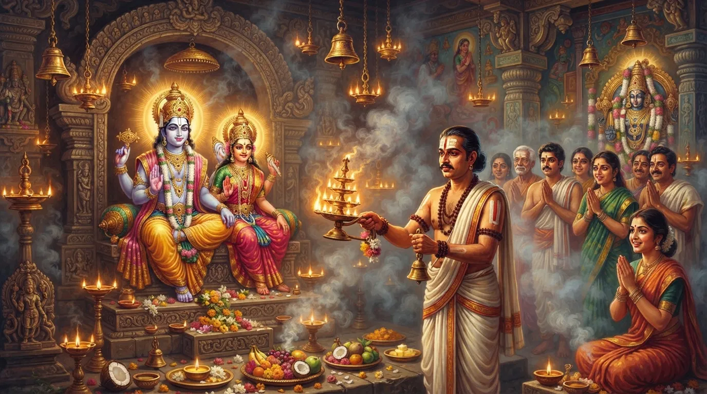 एक मंदिर के गर्भगृह में आरती समाप्त हो रही है, पुजारी थाली घुमा रहे हैं और भक्त हाथ जोड़े खड़े हैं, कपूर की लौ और धुएं का माहौल है