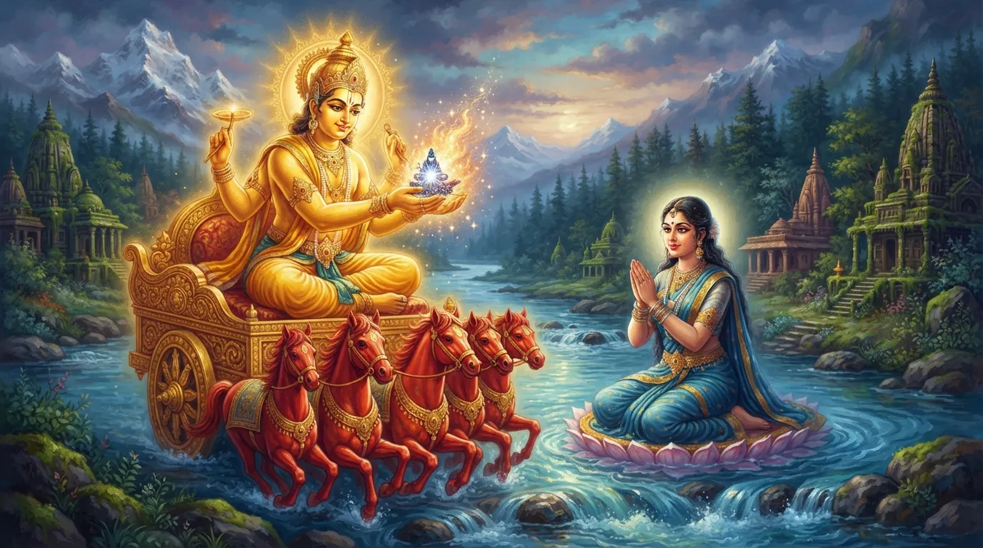 भगवान अग्नि अपने सुनहरे रथ पर सवार, अपने दोनों हाथों में भगवान शिव के दिव्य, असहनीय रूप से चमकते हुए तेजपुंज को धारण किए हुए हैं, और उसे माँ गंगा की पवित्र, कलकल करती लहरों को सौंप रहे हैं।