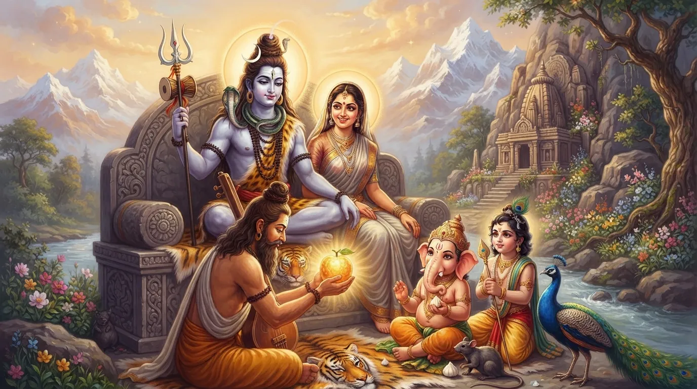 कैलाश पर्वत पर शिव और पार्वती एक ऊंचे आसन पर बैठे हैं। उनके सामने देवर्षि नारद एक सुनहरा, चमकता हुआ दिव्य फल भेंट कर रहे हैं। पास में बालक गणेश और कार्तिकेय उत्सुकता से देख रहे हैं।