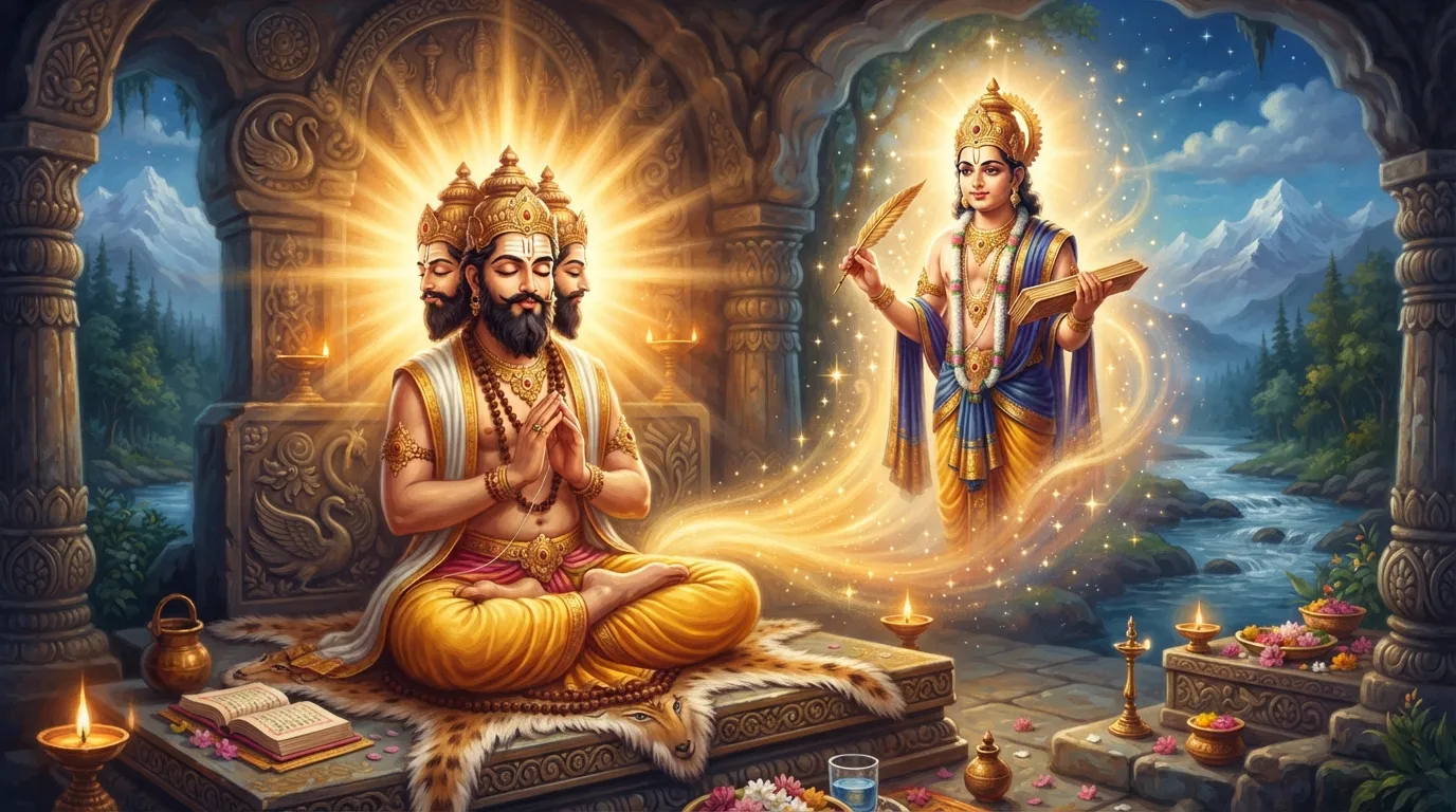ब्रह्मा जी गहरे ध्यान में बैठे हैं और उनकी काया से एक दिव्य तेज निकल रहा है, जिसमें से भगवान चित्रगुप्त एक कलम और किताब लिए हुए प्रकट हो रहे हैं।
