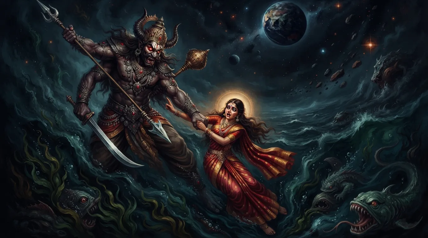 एक भयभीत भूदेवी (पृथ्वी माता, एक सुंदर देवी के रूप में) को विशालकाय और भयानक असुर हिरण्याक्ष अपनी भुजाओं में पकड़े हुए गहरे, अंधकारमय ब्रह्मांडीय महासागर में नीचे खींच रहा है।
