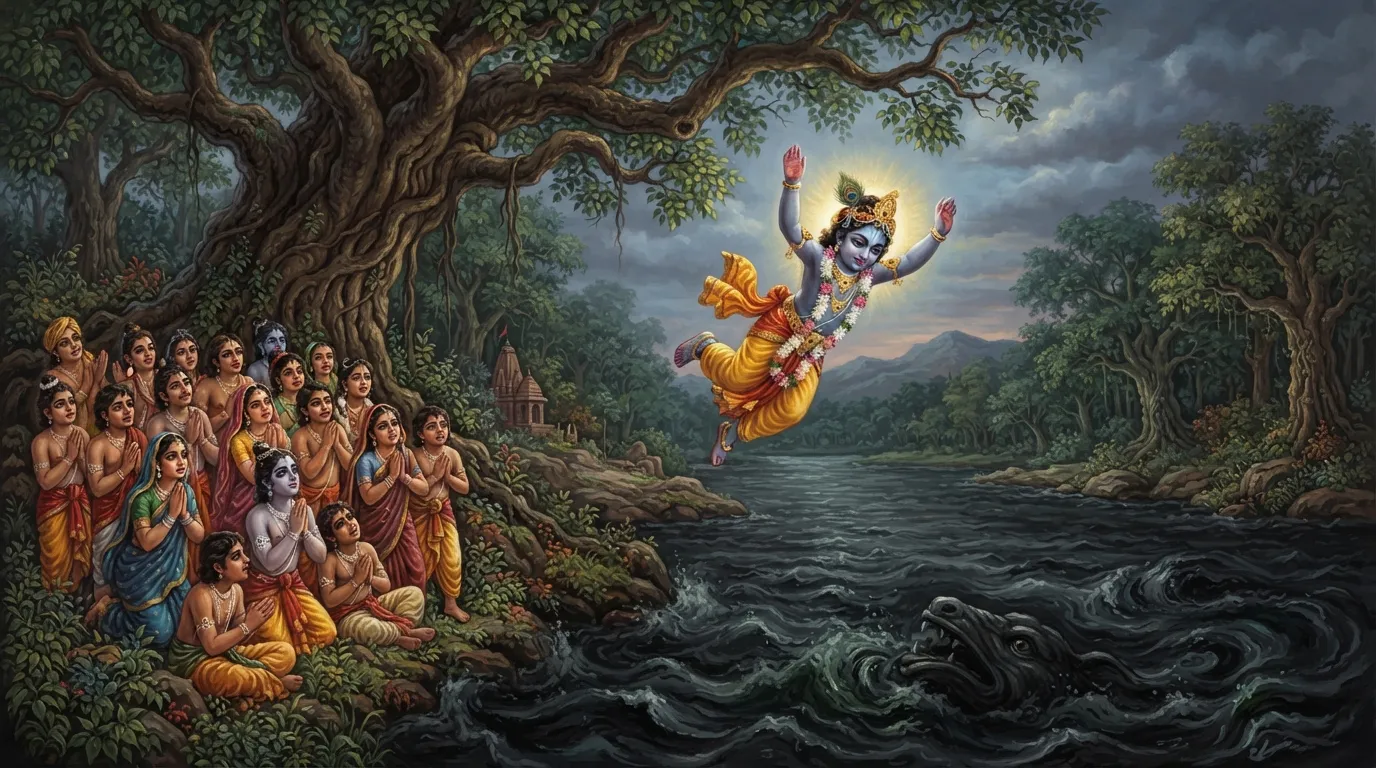 बाल कृष्ण एक ऊंचे कदम्ब के पेड़ से जहरीली, काली यमुना नदी में छलांग लगा रहे हैं। किनारे पर उनके दोस्त और गोप-गोपियां घबराए हुए देख रहे हैं।