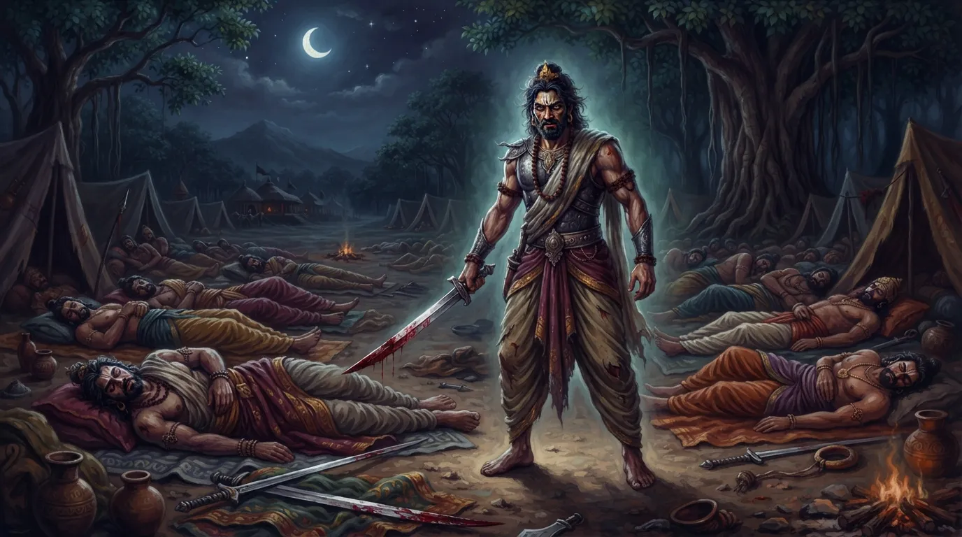 अश्वत्थामा पांडव शिविर में क्रोध और दुःख से भरे हुए, रात के अंधेरे में अपनी तलवार लिए खड़े हैं। उनके चारों ओर सोए हुए योद्धाओं के शव हैं और माहौल में एक भयावह शांति है।