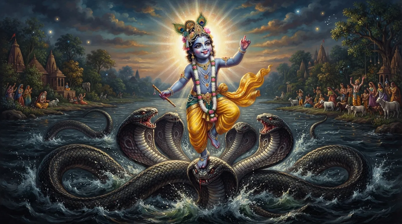 बाल कृष्ण यमुना नदी में विशालकाय कालिया नाग के फनों पर नृत्य कर रहे हैं, उनके चेहरे पर दिव्य मुस्कान है