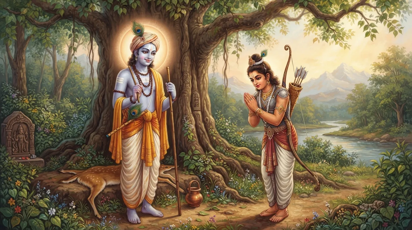 भगवान श्रीकृष्ण एक ब्राह्मण के वेश में पीपल के पेड़ के नीचे खड़े हैं और सामने युवा योद्धा बर्बरीक अपने धनुष-बाण के साथ हाथ जोड़े खड़े हैं