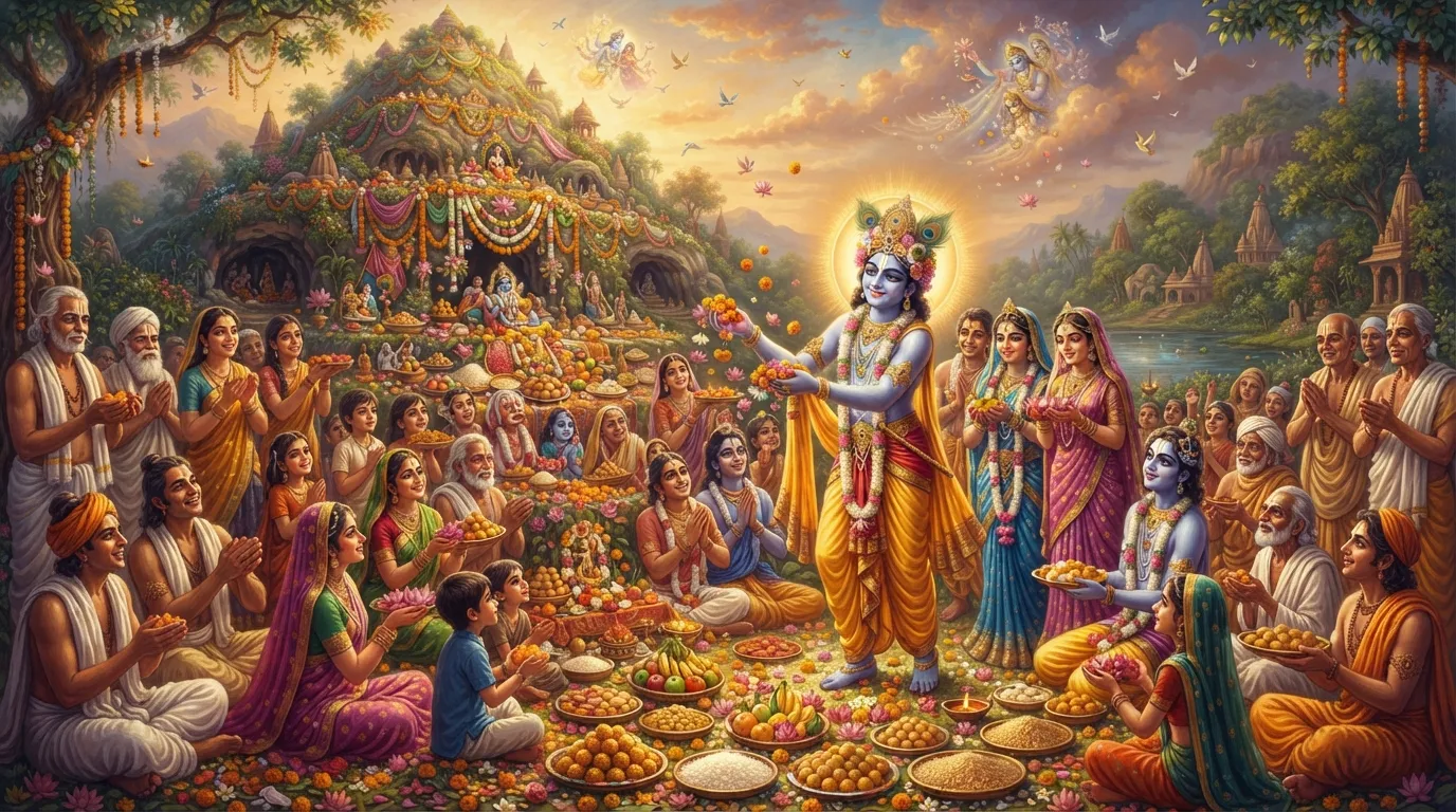 वृन्दावन के लोग कृष्ण के साथ गोवर्धन पर्वत की पूजा कर रहे हैं, पर्वत को फूलों और भोजन से सजाया गया है, सबके चेहरे पर खुशी है और वातावरण भक्तिमय है।
