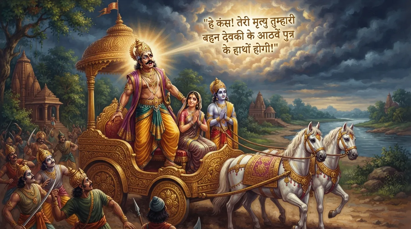 राजा कंस अपने रथ पर बहन देवकी और वासुदेव के साथ है। अचानक आकाशवाणी सुनकर वह चौंक कर आसमान की ओर देख रहा है, उसके चेहरे पर गुस्सा और डर साफ़ है।