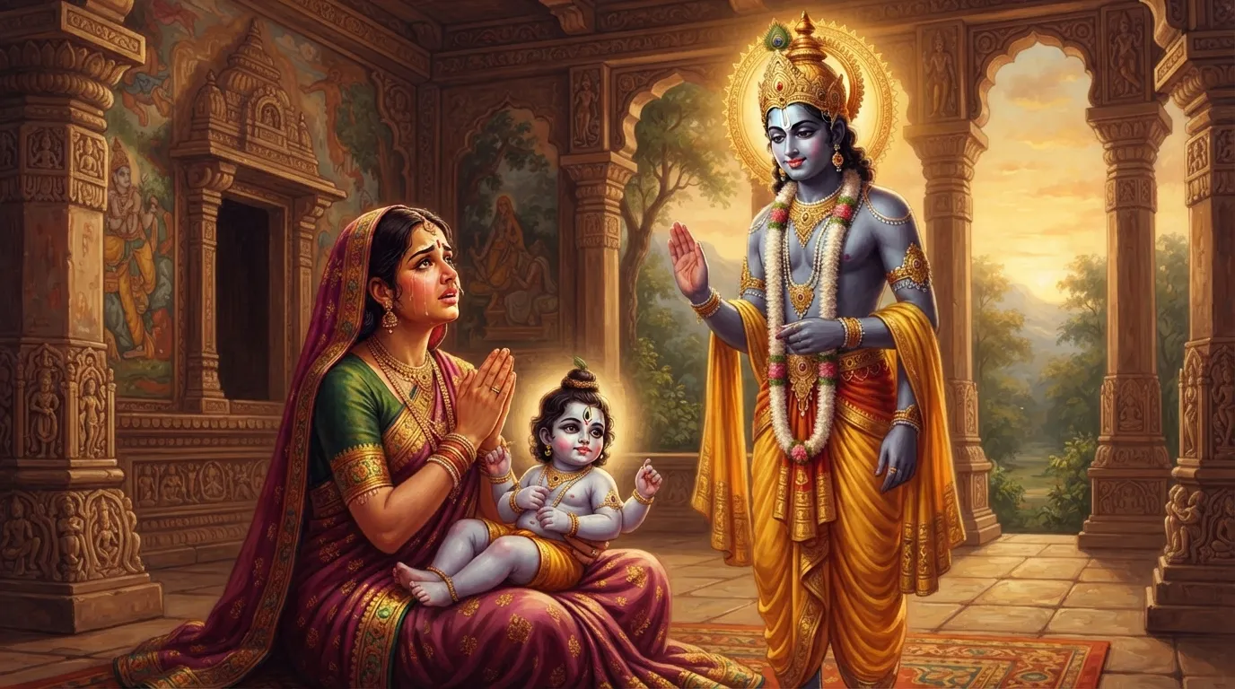 शिशुपाल की माता श्रुतश्रवा अपने अद्भुत बालक (तीन आँखें और चार हाथ वाले) को गोद में लिए हुए हैं और भगवान कृष्ण के सामने उसे क्षमा करने की विनती कर रही हैं। कृष्ण शांत भाव से उन्हें वचन दे रहे हैं।