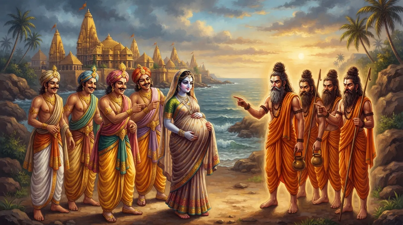 द्वारका के समुद्र तट पर कुछ घमंडी यादव राजकुमारों का समूह। बीच में कृष्ण के पुत्र साम्ब स्त्री वेश में हैं और गर्भवती होने का नाटक कर रहे हैं। वे सब मिलकर कुछ तेजस्वी ऋषियों का मज़ाक उड़ा रहे हैं, जिनके चेहरे पर गहरा क्रोध है।