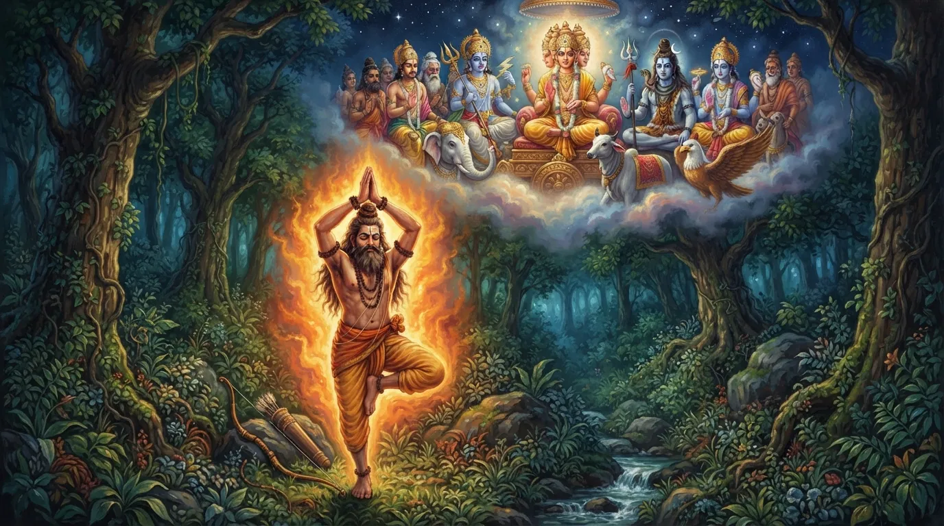 घने जंगल में कुंभकर्ण एक पैर पर खड़े होकर कठोर तपस्या कर रहा है। उसके शरीर के चारों ओर तेज का एक घेरा है और देवता आकाश से चिंतित होकर उसे देख रहे हैं।