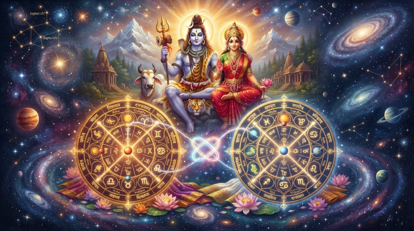 एक सुंदर और प्रतीकात्मक चित्र जिसमें दो चमकती हुई जन्म कुंडलियाँ एक-दूसरे से जुड़ी हुई हैं। पृष्ठभूमि में ब्रह्मांड, तारे और ग्रह दिख रहे हैं, जो ज्योतिषीय संबंध को दर्शाते हैं। माहौल पवित्र और आशावान है।