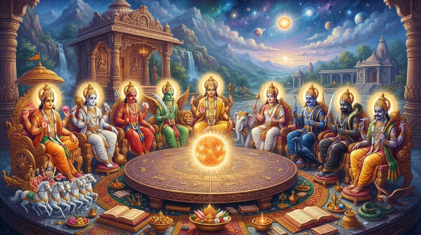नौ ग्रहों का एक सुंदर और कलात्मक चित्रण, जो एक दिव्य सभा की तरह व्यवस्थित हैं। हर ग्रह का अपना विशिष्ट रंग और प्रतीक है, और वे एक ब्रह्मांडीय मेज के चारों ओर बैठे हुए प्रतीत हो रहे हैं।