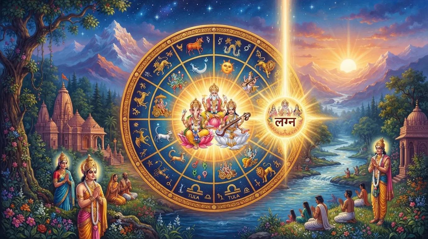 एक ज्योतिषीय जन्मकुंडली का चक्र जिसमें 12 भाव दिखाए गए हैं। पूर्वी क्षितिज पर 'पहला भाव' या 'लग्न' को सुनहरे रंग से हाइलाइट किया गया है, जहाँ से एक प्रकाश की किरण निकल रही है।