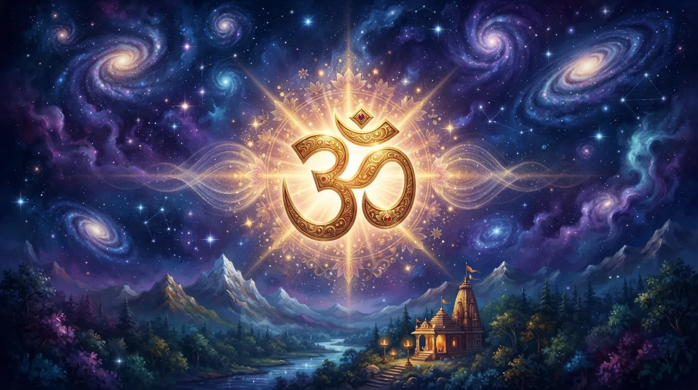 गहरे नीले और बैंगनी रंग के ब्रह्मांड का शांत दृश्य, जिसमें आकाशगंगाएं और तारे चमक रहे हैं। बीच में, सुनहरा ॐ (ॐ) प्रतीक दिव्य प्रकाश बिखेर रहा है, और उससे ऊर्जा की सूक्ष्म तरंगें निकल रही हैं।