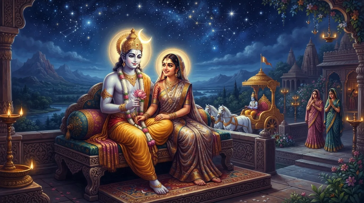 सौम्य चंद्र देव अपनी सबसे प्रिय पत्नी रोहिणी के साथ बैठे हैं, चारों ओर तारों भरा आकाश है, अन्य पत्नियाँ दूर से उन्हें उदास देख रही हैं