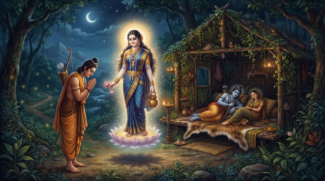 घने जंगल में रात्रि का दृश्य। लक्ष्मण जी हाथ जोड़े खड़े हैं और उनके सामने एक दिव्य प्रकाश में सौम्य रूप धारण किये निद्रा देवी प्रकट हुई हैं। पृष्ठभूमि में एक कुटिया में श्री राम और सीता जी शांति से विश्राम कर रहे हैं।
