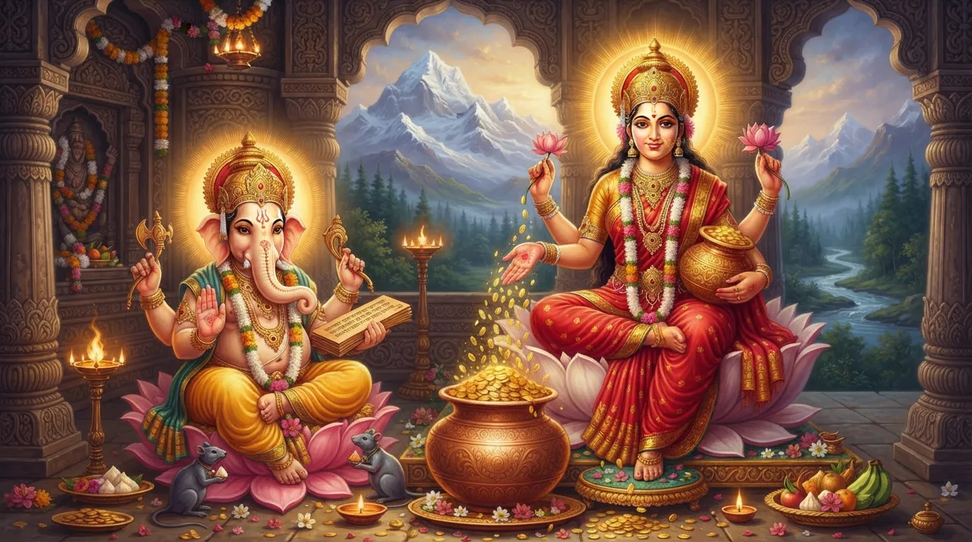 एक शांत और सुंदर चित्र जिसमें देवी लक्ष्मी स्वर्ण मुद्राएं बरसा रही हैं, और उनके बगल में भगवान गणेश शांत भाव से बैठे हैं। गणेश जी के हाथ में एक ग्रंथ है, जो ज्ञान और बुद्धि का प्रतीक है। यह दृश्य धन और विवेक के संतुलन को दर्शाता है।