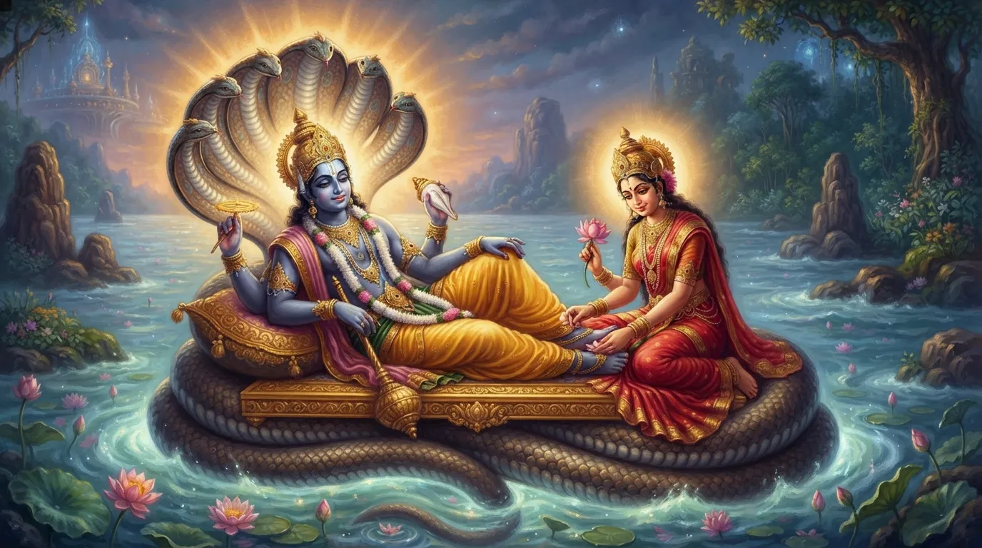 क्षीर सागर में शेषनाग पर लेटे हुए शांत मुद्रा में भगवान विष्णु, देवी लक्ष्मी उनके चरणों के पास बैठकर प्रेम और भक्ति भाव से उनके पैर दबा रही हैं। दृश्य शांत, दिव्य और प्रकाशमान हो।