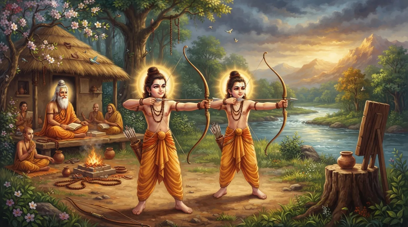 महर्षि वाल्मीकि के शांत आश्रम का दृश्य, जहाँ दो छोटे बालक लव और कुश धनुष-बाण का अभ्यास कर रहे हैं, उनके चेहरे पर एकाग्रता और दिव्य तेज है।