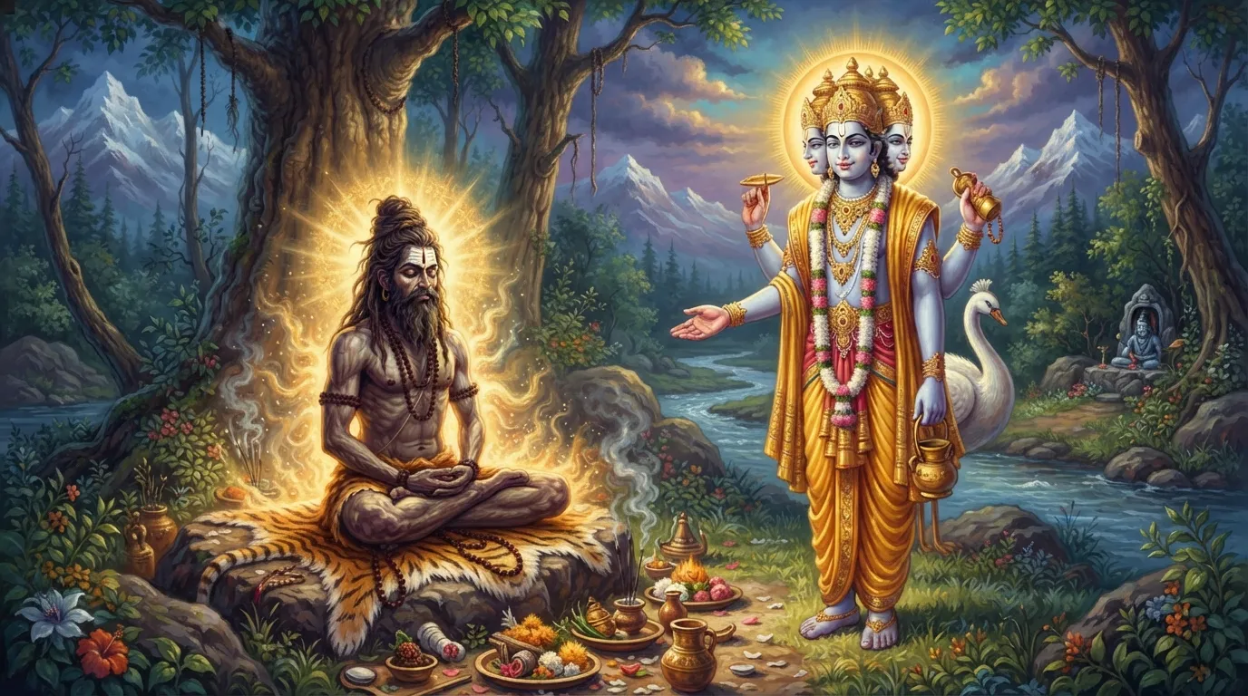 अरुणासुर कठोर तपस्या में लीन है, उसके चारों ओर एक दिव्य तेज है। सामने भगवान ब्रह्मा शांत मुद्रा में खड़े होकर उसे वरदान दे रहे हैं।