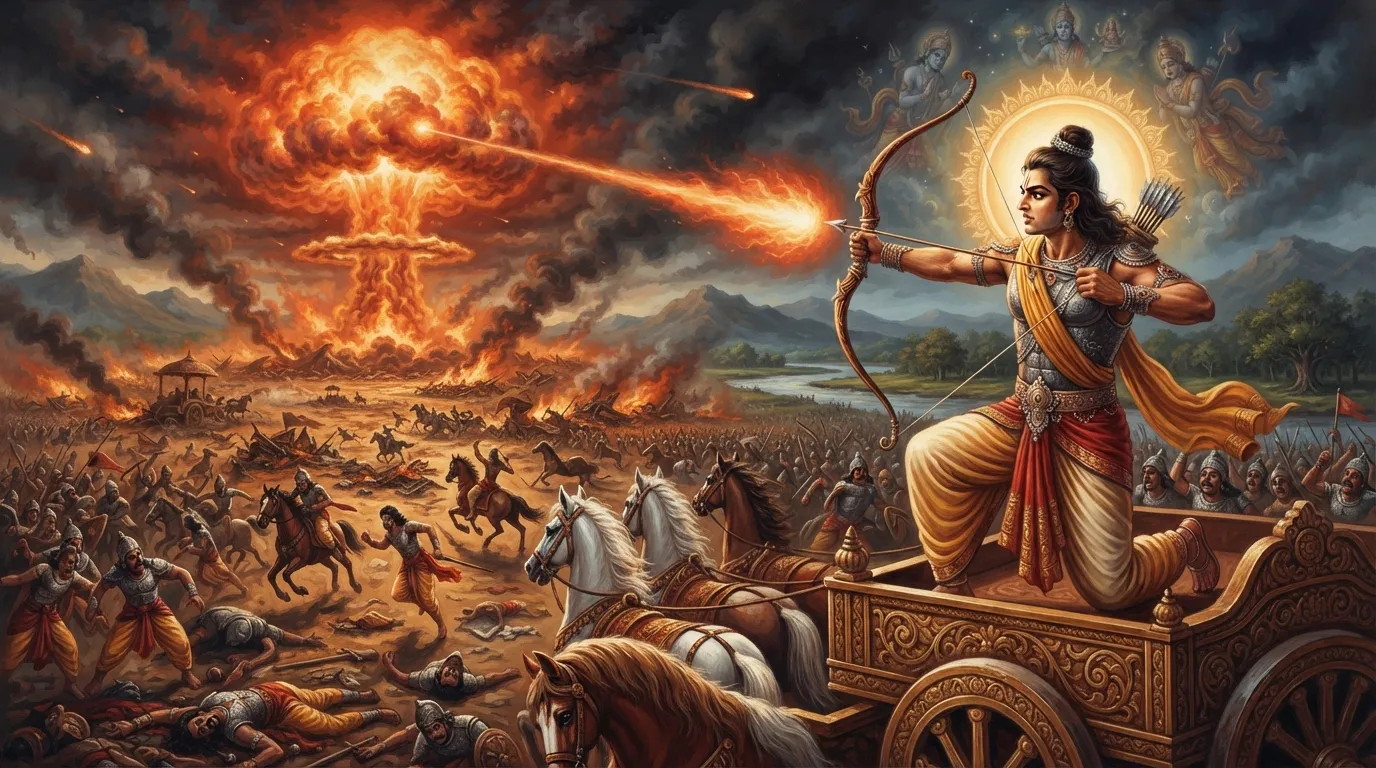 अश्वत्थामा द्वारा छोड़े गए ब्रह्मास्त्र से उठता हुआ मशरूम के बादल जैसा प्रचंड अग्नि का गोला, जिसके नीचे कुरुक्षेत्र की धरती जल रही है और सैनिक भय से भाग रहे हैं।