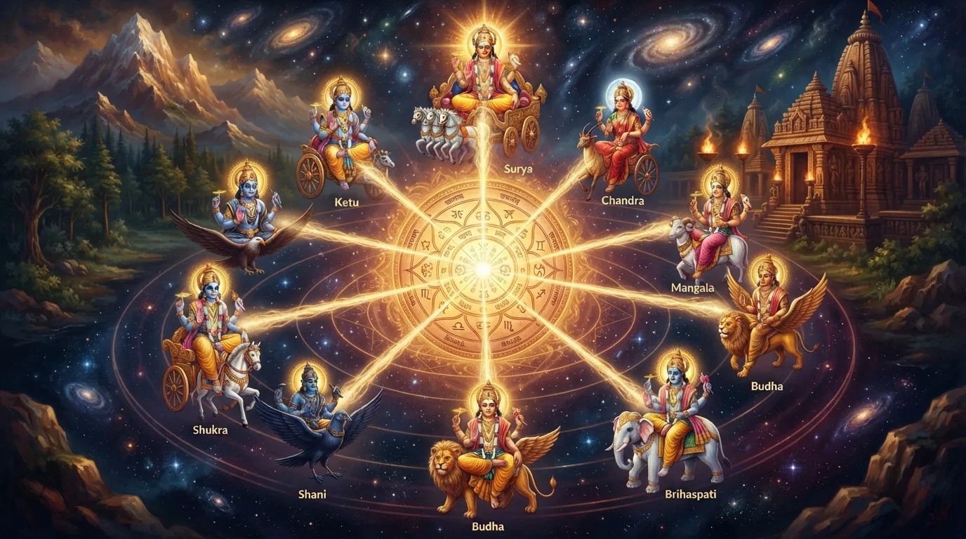 एक रहस्यमयी ब्रह्मांड का सुंदर दृश्य जिसमें नवग्रह एक चमकदार ज्योतिषीय कुंडली के चारों ओर अपनी-अपनी कक्षाओं में घूम रहे हैं। हर ग्रह से एक हल्की रोशनी निकलकर कुंडली के केंद्र पर मिल रही है। माहौल शांत और आध्यात्मिक है।