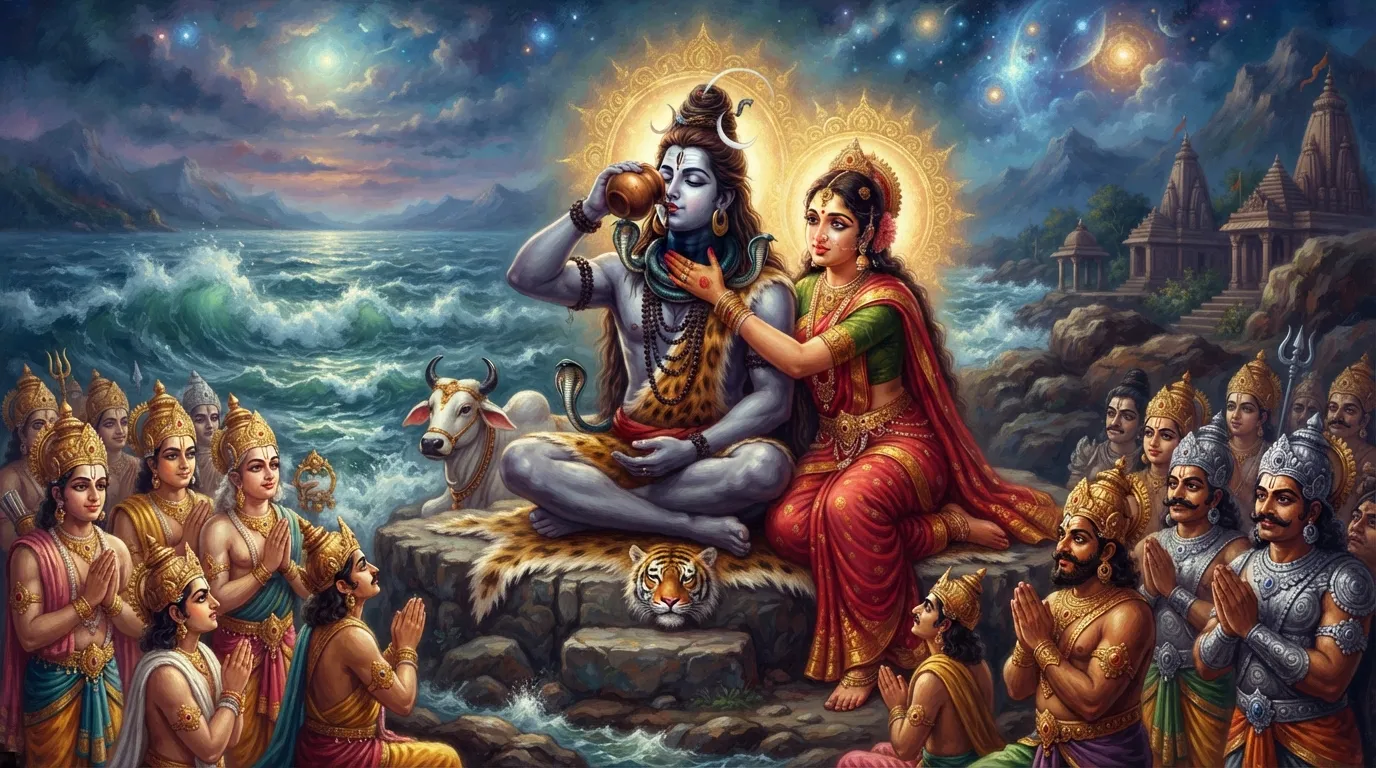 भगवान शिव शांत मुद्रा में विष पी रहे हैं, माता पार्वती ने उनका गला पकड़ रखा है और उनका कंठ नीला पड़ गया है। देवता और असुर दूर खड़े हाथ जोड़कर देख रहे हैं।