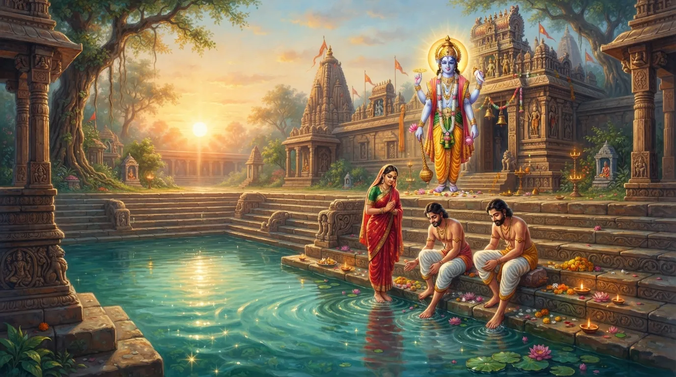 एक शांत मंदिर का कुंड जिसके पत्थर की सीढ़ियाँ साफ पानी की ओर जा रही हैं। पानी की सतह पर सूरज की रोशनी चमक रही है और कुछ भक्त पृष्ठभूमि में मंदिर के प्रवेश द्वार की ओर जाने से पहले शांति से अपने पैर धो रहे हैं।