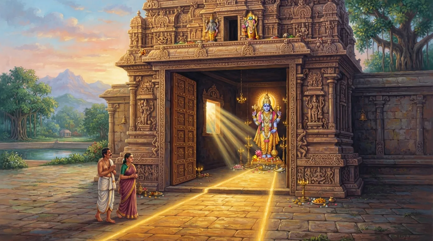 एक प्राचीन पत्थर के मंदिर का भव्य प्रवेश द्वार, जिसके भीतर से उगते सूरज की सुनहरी किरणें छनकर आ रही हैं और मंदिर के फर्श पर एक चमकदार रास्ता बना रही हैं।