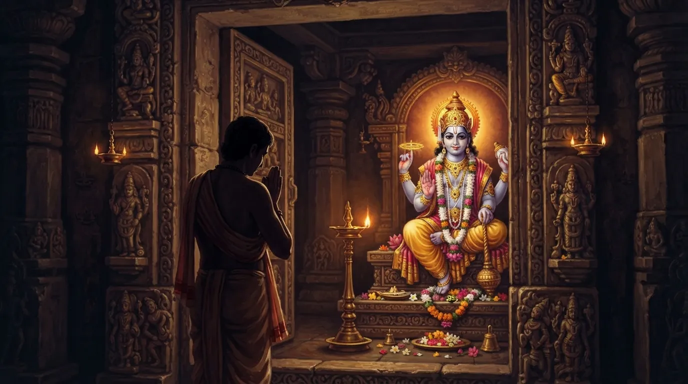 एक भक्त की धुंधली सी छाया जो गर्भगृह के द्वार पर हाथ जोड़े खड़ा है। अंदर केवल एक दीये की लौ टिमटिमा रही है, जिससे भगवान की मूर्ति का चेहरा हल्का-हल्का प्रकाशित हो रहा है। माहौल शांत और भक्तिमय है।