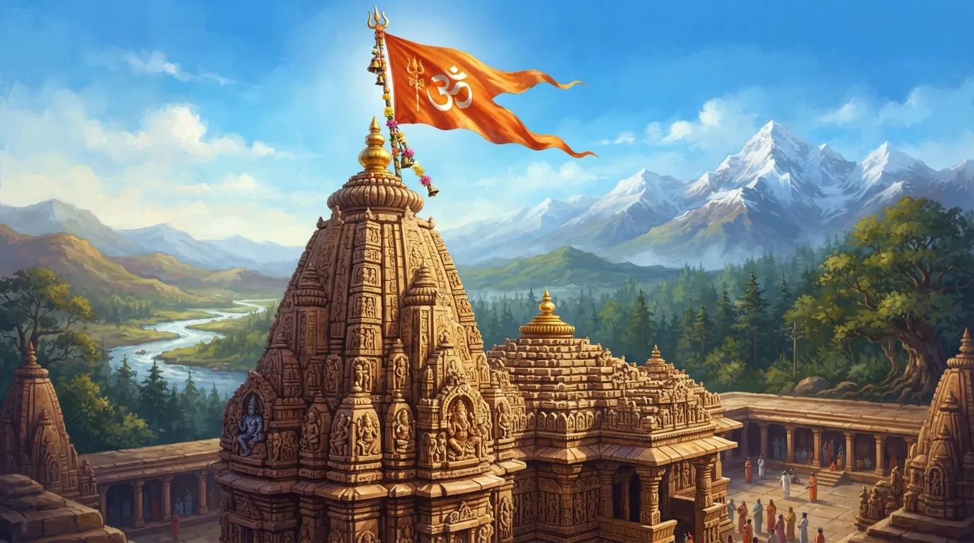 एक केसरिया ध्वज जिस पर 'ॐ' का चिह्न बना है, वह एक प्राचीन पत्थर के मंदिर के शिखर पर नीले आकाश के सामने शान से लहरा रहा है।