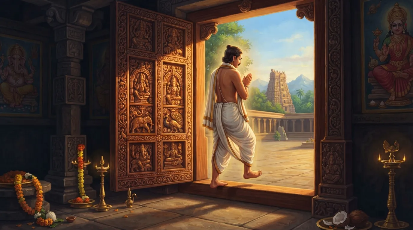 एक शांत मंदिर के अंदर से बाहर की ओर का दृश्य। मुख्य फोकस लकड़ी की नक्काशीदार चौखट पर है, जिस पर सुबह की सुनहरी धूप पड़ रही है। एक भक्त के पैर चौखट को लांघते हुए, उस पर बिना पैर रखे, अंदर आते हुए दिखाई दे रहे हैं।