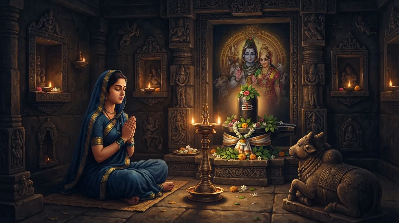 एक प्राचीन भारतीय मंदिर के शांत गर्भगृह का दृश्य, जहाँ एक ज्योति जल रही है और पत्थरों पर हल्की रोशनी पड़ रही है। माहौल बहुत शांत और ध्यान खींचने वाला है।