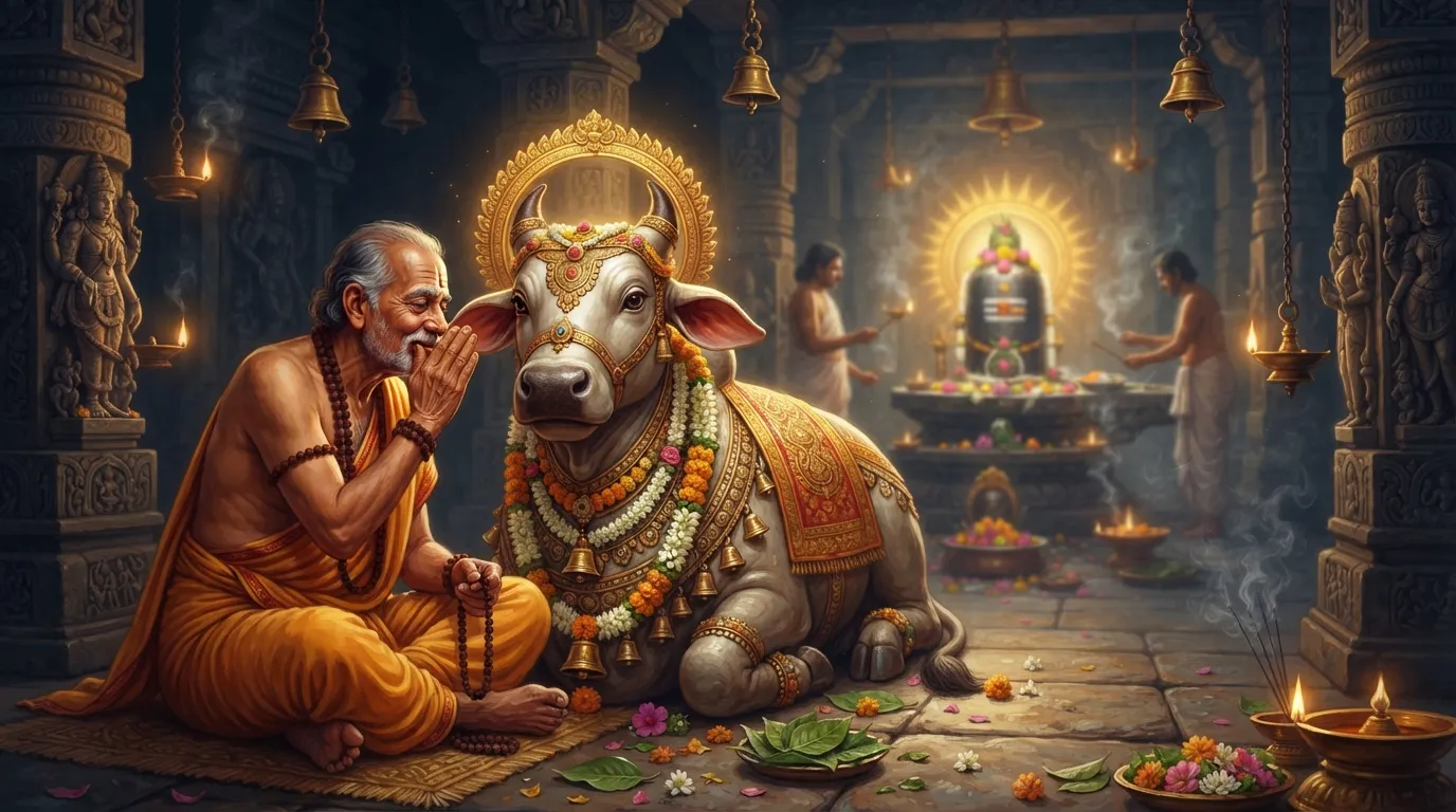 एक भक्त शिव मंदिर में नंदी बैल की मूर्ति के कान में श्रद्धा से अपनी प्रार्थना कह रहा है, पृष्ठभूमि में मंदिर का गर्भगृह धुंधला दिख रहा है