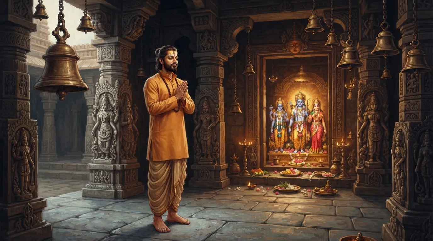 एक व्यक्ति मंदिर के ठंडे पत्थर के फर्श पर नंगे पैर खड़ा है, उसकी आँखों में शांति है और आसपास मंदिर की घंटियाँ और स्तंभ दिख रहे हैं