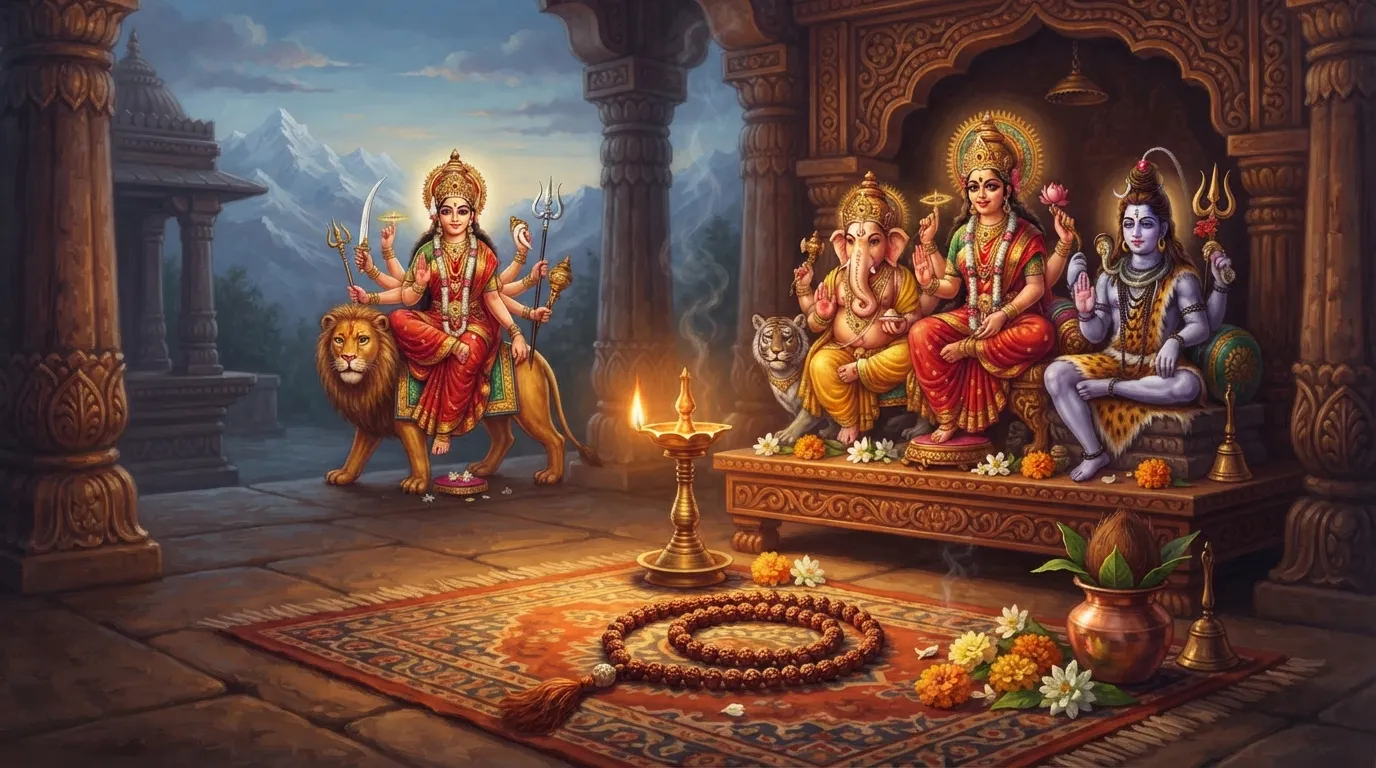 एक शांत पूजा घर का कोना, जहाँ एक दीया जल रहा है और पास में एक सुंदर जप माला रखी है, वातावरण में गहरी शांति का भाव है