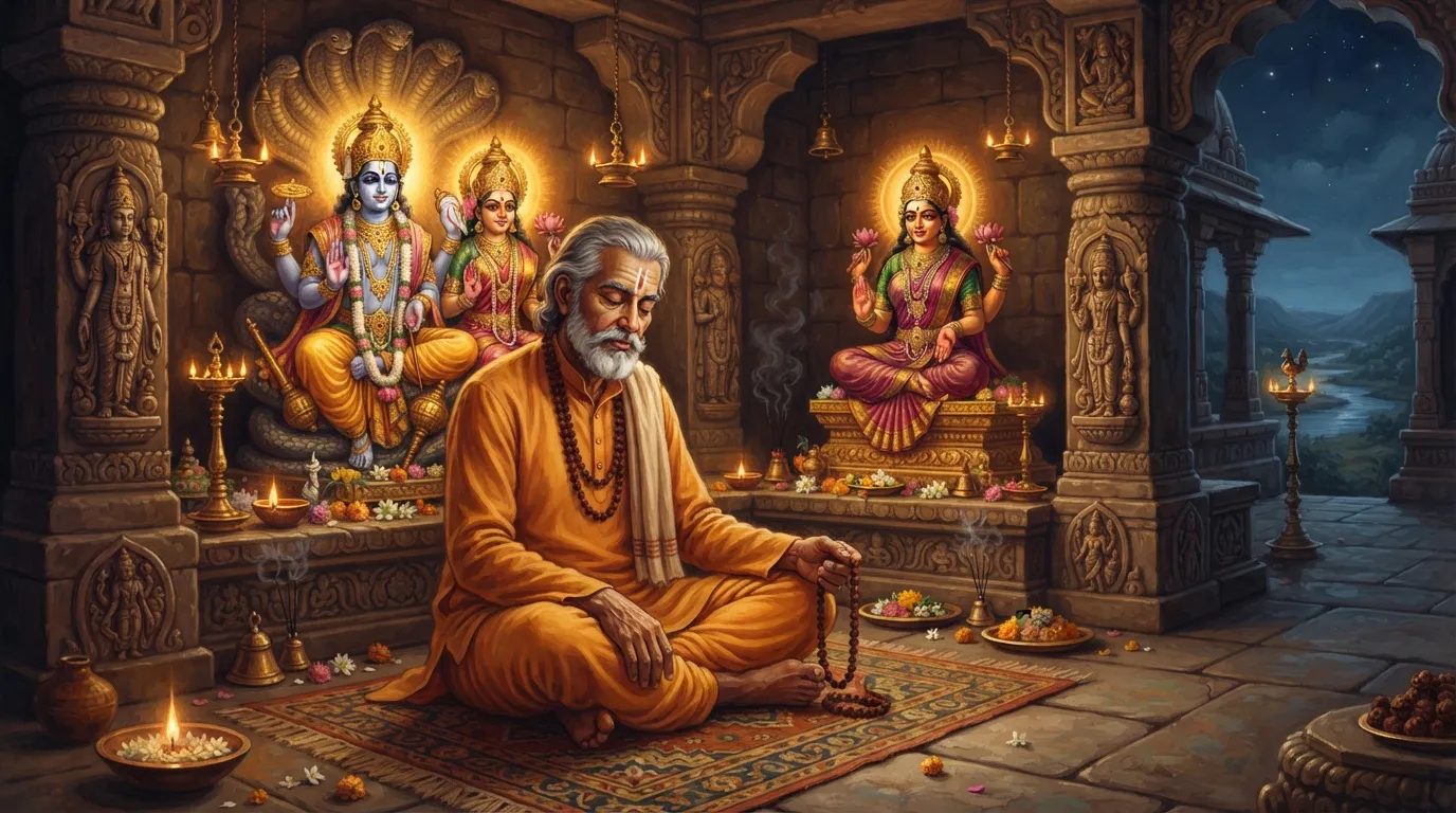 एक शांत कमरे में एक व्यक्ति ध्यान मुद्रा में बैठा है, हाथ में माला है, पर आँखों में हल्की नींद का भाव है और सिर थोड़ा झुक रहा है।