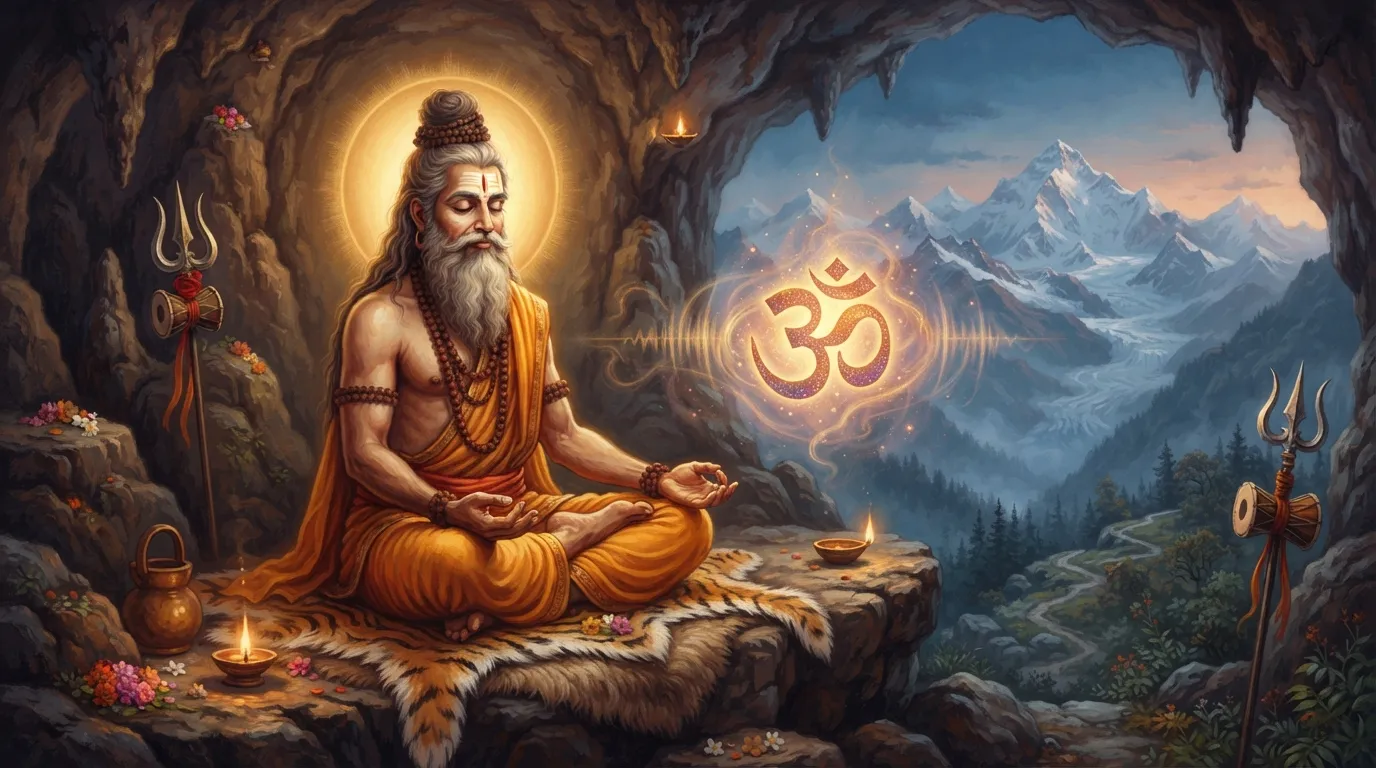 एक शांत हिमालय की गुफा में एक योगी ध्यान में बैठे हैं। उनके सामने हवा में 'ॐ' का प्रतीक हल्का-सा चमक रहा है, जो ध्वनि की शक्ति को दर्शाता है।