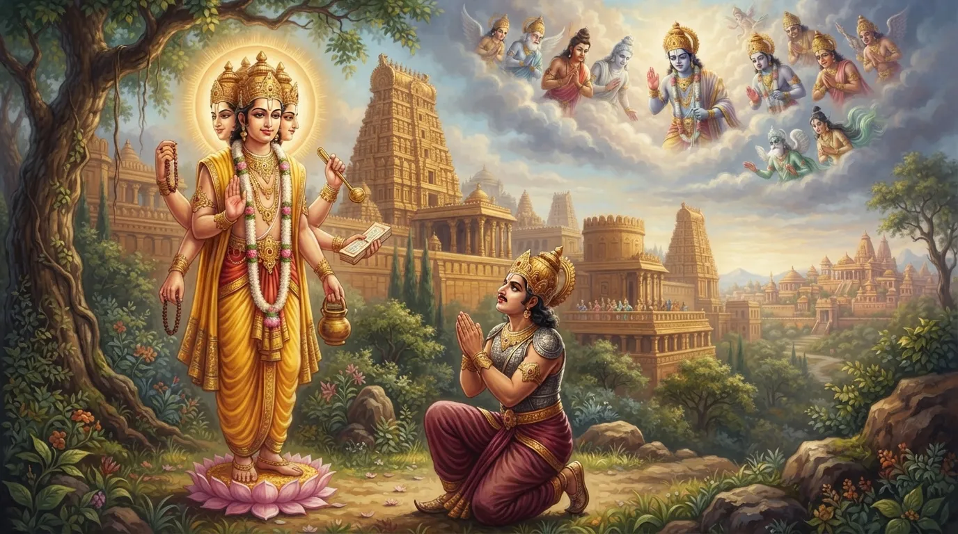 ब्रह्मा जी एक शांत और दिव्य मुद्रा में खड़े हैं, उनके चार मुख हैं। उनके सामने युवा मेघनाद हाथ जोड़कर वरदान मांग रहा है। पृष्ठभूमि में लंका का राजमहल और आकाश में देवगण चिंतित मुद्रा में देख रहे हैं।
