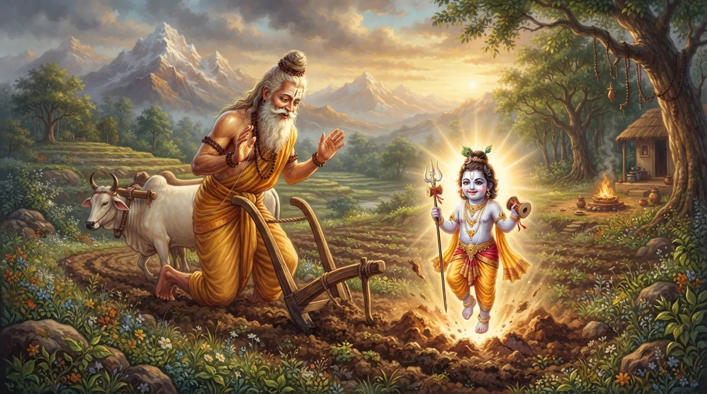 एक तेजस्वी ऋषि (शिलाद) एक खेत में हल जोत रहे हैं और उन्हें धरती से एक दिव्य, चमकता हुआ बालक मिलता है। ऋषि के चेहरे पर आश्चर्य और खुशी का भाव है।